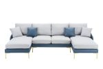 Modern large area Linen+Leathaire fabric color matching segmented sofa, ultra wide lounge chair, golden legs, U-shaped, blue+light gray
