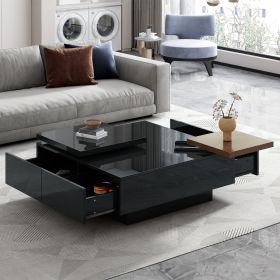 U-Can Movable Top Coffee Table, Modern Square Wood Coffee Table with High Gloss finish, 4 Hidden Storage Drawers for Living Room (Color: as Pic)